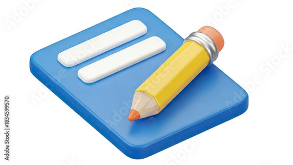 Fototapeta Yellow Pencil With Orange Eraser Rests On Blue Notepad With White Lined Paper With Blank Space For Writing Notes Or Ideas On A White Background