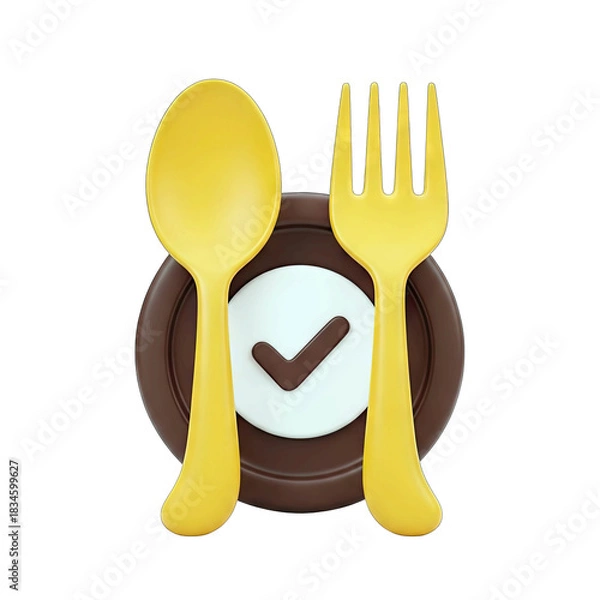 Fototapeta Yellow Spoon and Fork With Checkmark Icon on Brown Plate and White Background Isolated Transparent
