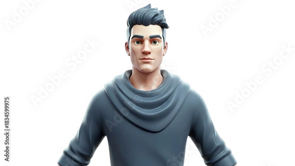 Fototapeta Young man with dark hair and gray cowl neck sweatshirt posing with a confident expression in a studio portrait against a clean white background with soft lighting highlighting his features