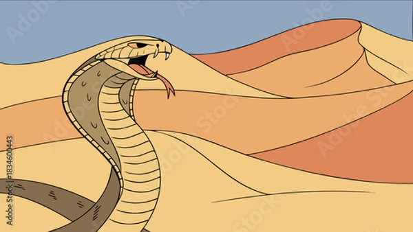 Obraz Illustration of a cobra with its hood flared and tongue out in front of sand dunes against a blue sky