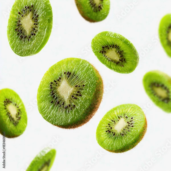 Obraz Close-up kiwi cross-section with juicy texture and rich green hues. Ideal for food science visuals, vitamin-rich ingredient showcases, and refreshing culinary themes.