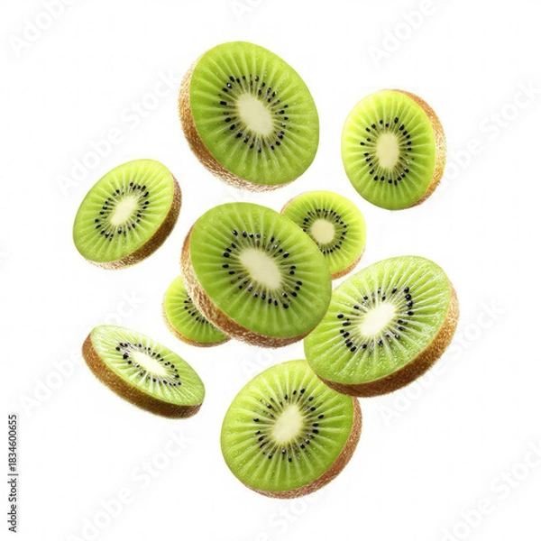 Obraz Fresh kiwi slices laid neatly in a pattern, brightly lit to emphasize color and texture. Perfect for microstock collections featuring fruits, freshness, and healthy food concepts.