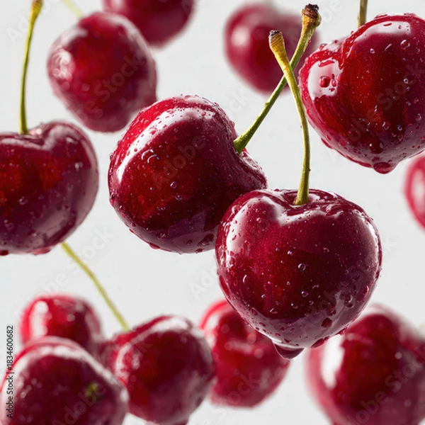 Obraz Fresh ripe cherries with glossy red skin and green stems, arranged in bright lighting. Ideal for healthy food themes, summer visuals, and organic produce promotions.