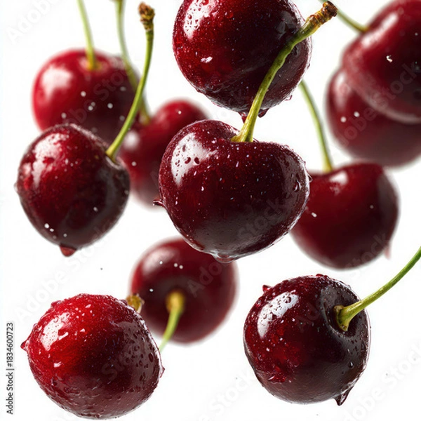 Obraz Close-up of vibrant cherries showing smooth texture and rich color. Perfect for fruit ads, recipe blogs, and nutrition-focused content.