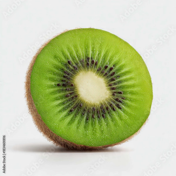 Obraz Fresh kiwi sliced in half, revealing its bright green flesh and black seeds. Vibrant, clean, and perfect for healthy food themes, nutrition content, and organic produce visuals.