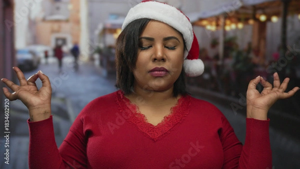 Obraz Woman meditating with closed eyes in red sweater and santa hat on urban city terrace with soft bokeh background, embodying peace in festive outdoor setting.