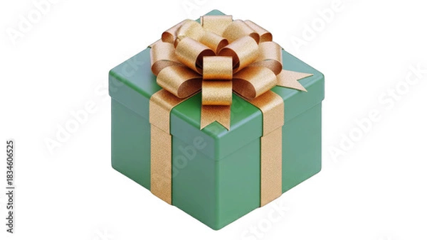 Fototapeta A Green Gift Box with a Gold Glitter Bow and Ribbon Isolated on a Transparent Background Perfect for Any Celebration