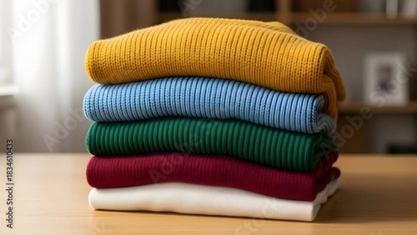 Fototapeta Stack of Five Colorful Folded Knit Sweaters or Jumpers in Yellow, Blue, Green, Red, and White on a Wooden Table