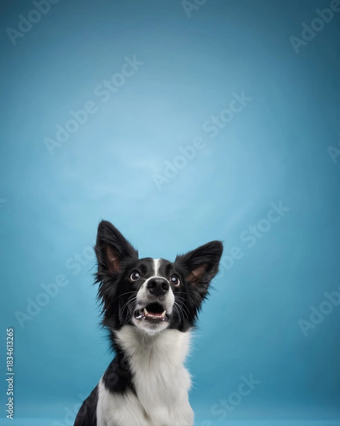 Fototapeta A black-and-white dog looks upward with alert expression against a smooth blue studio background.