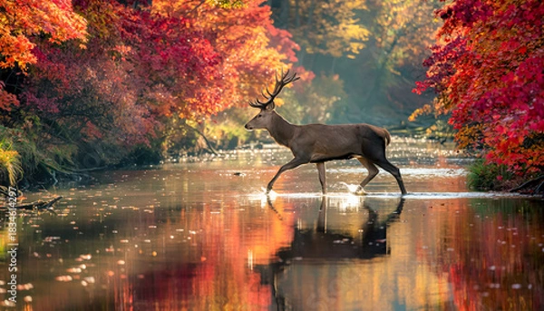 Fototapeta A deer walks gracefully through a reflective river surrounded by vibrant autumn foliage in warm, colorful sunlight.