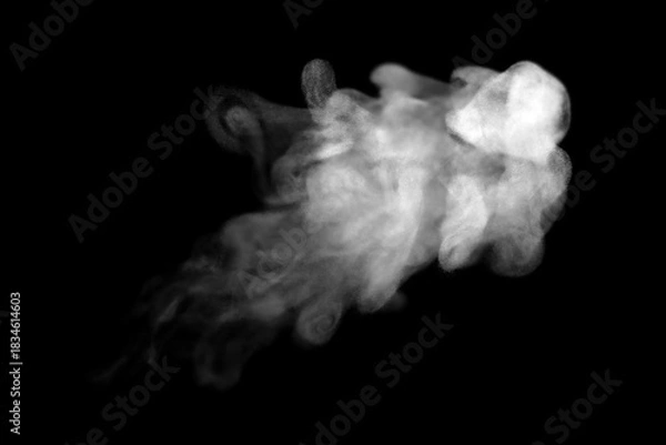 Fototapeta Soft drifting white smoke forming dynamic swirling shapes on a dark black background, creating an abstract atmospheric texture perfect for motion graphics, visual effects, and creative design projects