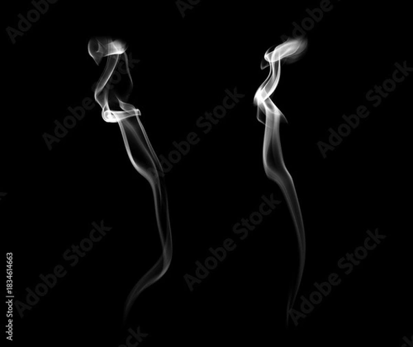 Fototapeta Abstract white smoke rising on a black background, creating elegant flowing shapes and artistic curves. Ideal for creative design, advertising, backgrounds, and modern minimalist visual concepts.