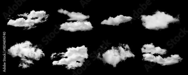 Fototapeta Realistic isolated cloud set on black background, perfect for sky replacement, and graphic design projects. High-resolution fluffy clouds with soft edges for photo compositing and effects.