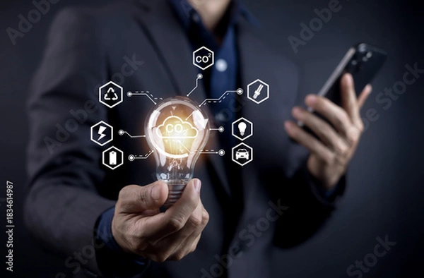 Fototapeta Sustainable energy innovation and CO2 reduction concept with light bulb, symbolizing clean technology, renewable energy, and eco-friendly business solutions for a green future.