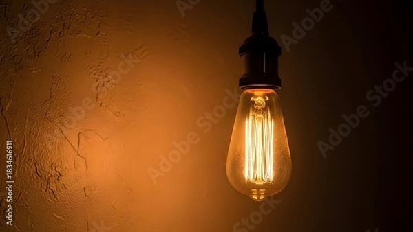 Fototapeta Close-up of a Vintage Edison Style Light Bulb with Glowing Filaments Hanging in Darkness Against a Textured Orange Wall