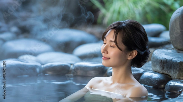 Obraz 露天風呂に入る女性 温泉イメージ Generative AI