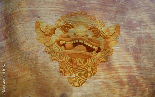 Fototapeta the dog's head against the background of the wood board, Chinese New Year.Texture of the tree.Illustration.