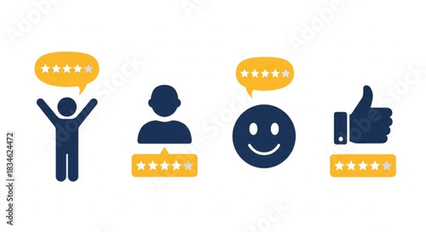 Obraz Customer Satisfaction and Feedback Icons Stars, Thumbs Up, Smiley Face, and User Icons Representing Positive Reviews and Ratings