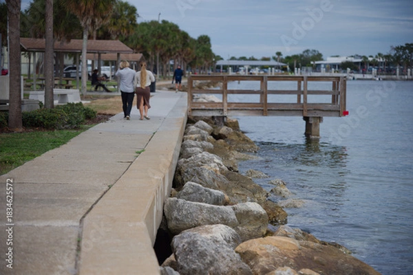 Obraz Scenic Marina Sidewalk View with people walking Background. St. Petersburg, FL Tranquil scene featuring a marina with several yachts docked, fishing dock and a serene waterfront setting perfect for re