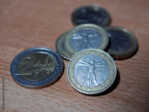 Obraz Euro Coins Stacked on a Wooden Surface