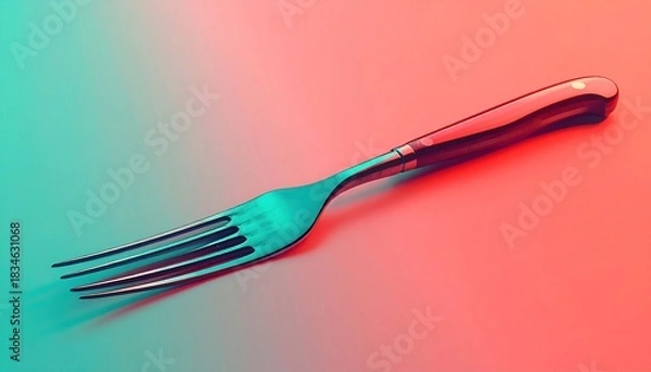 Fototapeta A single metal fork illuminated by vibrant neon lights.