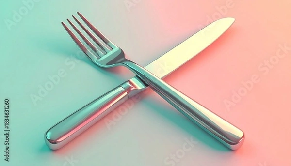 Fototapeta Stylish metallic fork and knife crossed under vibrant duotone lighting.