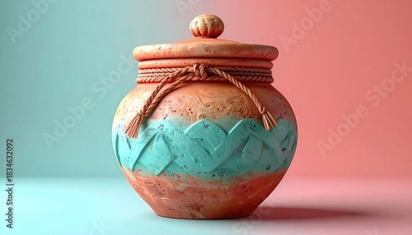 Fototapeta Handcrafted Clay Pot with Intricate Design and Lid on a Gradient Background.