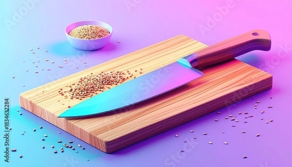 Fototapeta Chefs Knife on Cutting Board with Seeds in Neon Lighting.