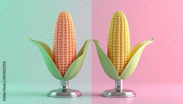 Fototapeta Two Vibrant Corn Cobs in Artistic Presentation with Green Leaves.
