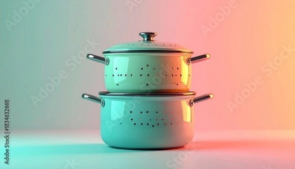 Fototapeta Two teal colanders stacked on a white surface with a gradient background.