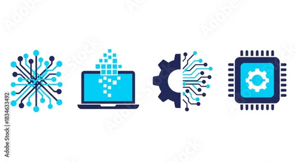 Obraz Digital technology icons featuring a circuit board, laptop, gear, and computer chip