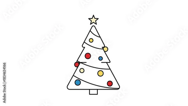 Obraz A simple line art illustration of a decorated Christmas tree with a star and colorful ornaments.