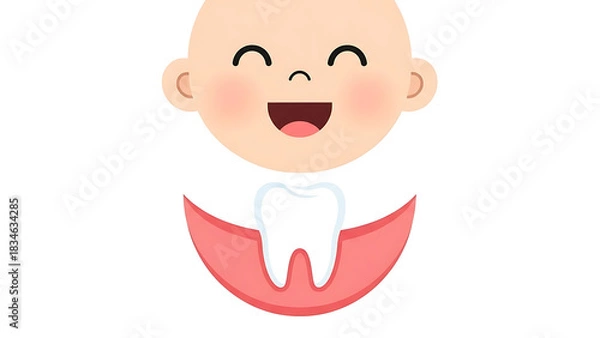 Obraz Happy baby face with a single white tooth emerging from pink gums, symbolizing a baby's first tooth or teething.