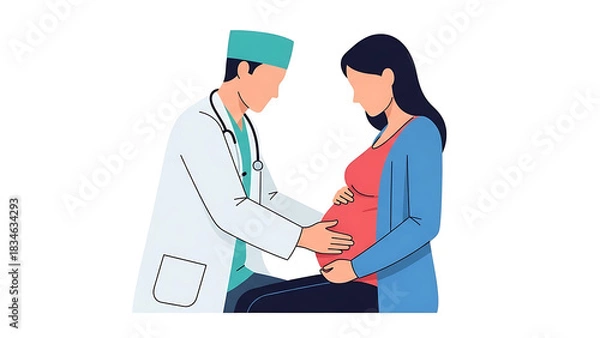 Obraz A male doctor in a lab coat and scrubs examining the belly of a pregnant woman during a prenatal check-up.