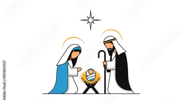 Obraz A simple, minimalist illustration of the Nativity scene with Mary, Joseph, baby Jesus in a manger, and the Star of Bethlehem.