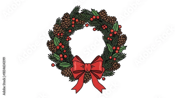 Obraz A festive Christmas wreath adorned with pinecones, red berries, and a vibrant red bow, set against a white background.