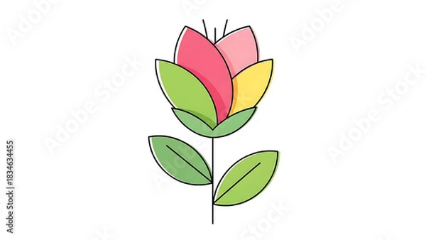 Obraz A simple, colorful, stylized illustration of a flower with pink, yellow, and green petals and leaves on a white background.