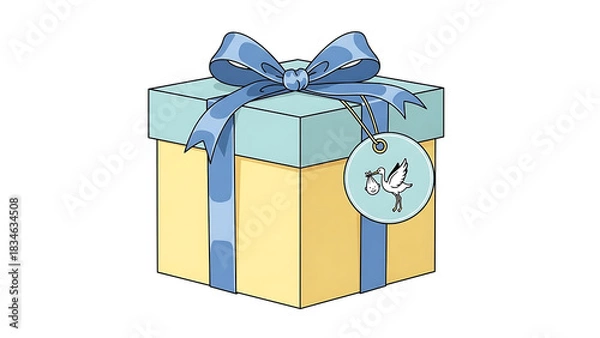 Obraz A yellow gift box with a light blue lid and a blue ribbon bow, featuring a stork and baby tag, on a white background.