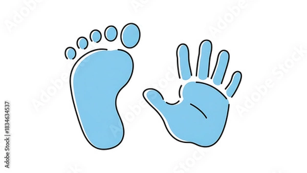 Obraz Simple illustration of a light blue baby footprint and handprint with black outlines on a white background.