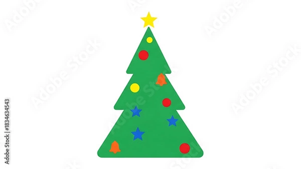 Obraz A simple cartoon illustration of a green Christmas tree adorned with colorful ornaments and a yellow star on top, set against a white background.