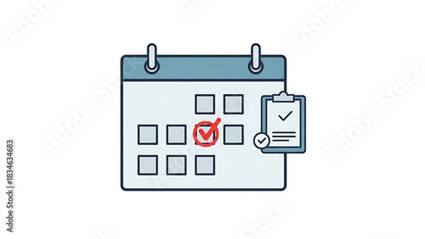 Obraz A calendar with a marked date and a clipboard with a completed task, representing scheduling, planning, or event management.