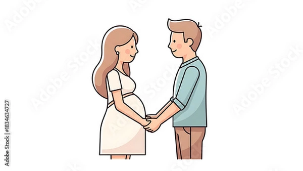 Obraz A happy pregnant couple holding hands and looking at each other, symbolizing love and anticipation for their baby.