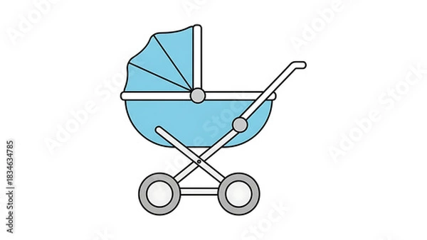 Obraz A simple vector illustration of a light blue baby carriage or pram with a hood and wheels, on a white background.