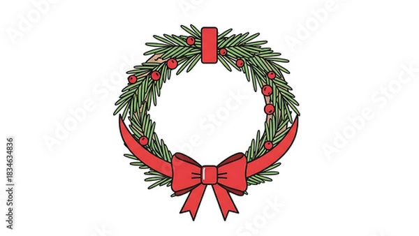 Obraz A festive Christmas wreath made of green pine branches with red berries and a large red bow.