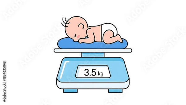 Obraz A cute cartoon baby sleeping peacefully on a blue weighing scale showing 3.5 kg, illustrating newborn weight measurement.