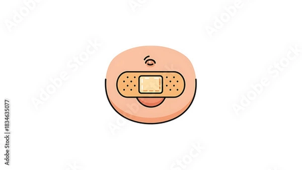 Obraz A simple cartoon illustration of a round face with a beige band-aid covering its mouth, suggesting silence or healing.