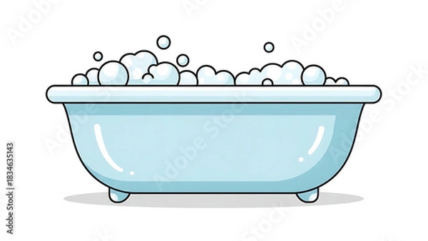 Obraz A light blue bathtub filled with white soap bubbles, depicted in a clean and simple cartoon illustration style, isolated on a white background.