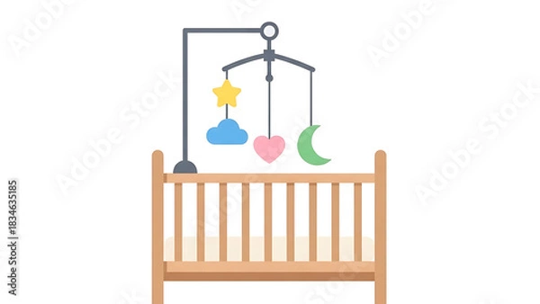 Obraz A cute illustration of a baby crib with a colorful mobile featuring a star, cloud, heart, and moon.