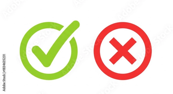 Fototapeta checkmark and cross icons symbolizing approval, completion, and rejection, indicating success or failure in a decision-making process