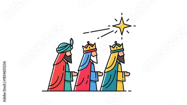 Obraz Illustration of the Three Wise Men following the Star of Bethlehem, depicting the Epiphany story in a colorful line art style.